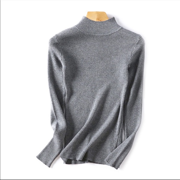 Charcoal Grey Mock Neck Turtleneck Ribbed Sweater - Picture 4 of 6